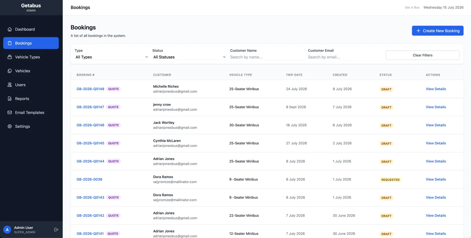 Get A Bus admin bookings list with quote lifecycle statuses