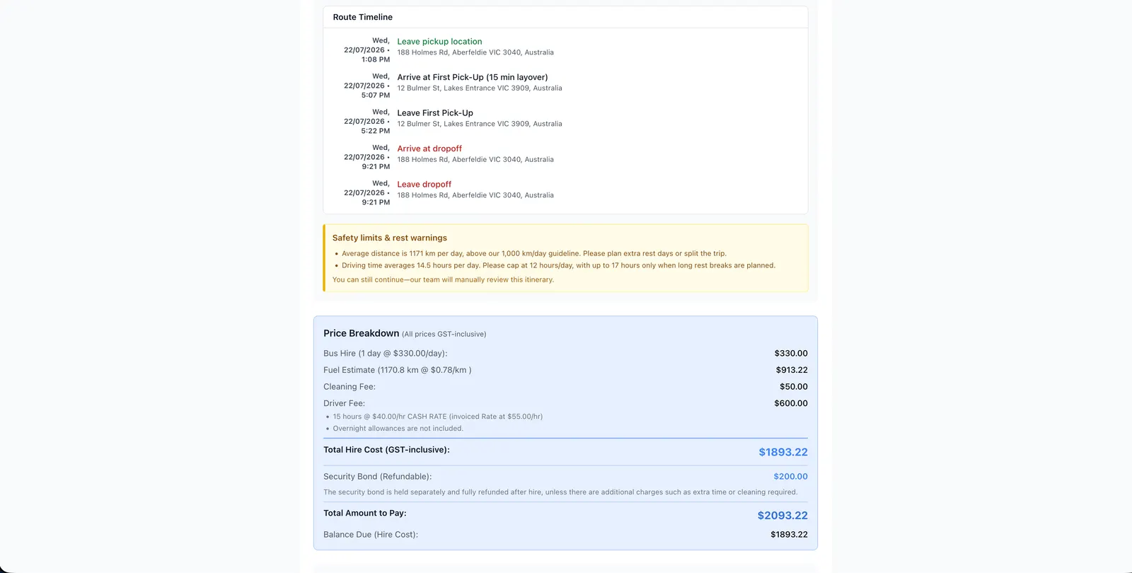 Route timeline with safety warnings and GST-inclusive price breakdown