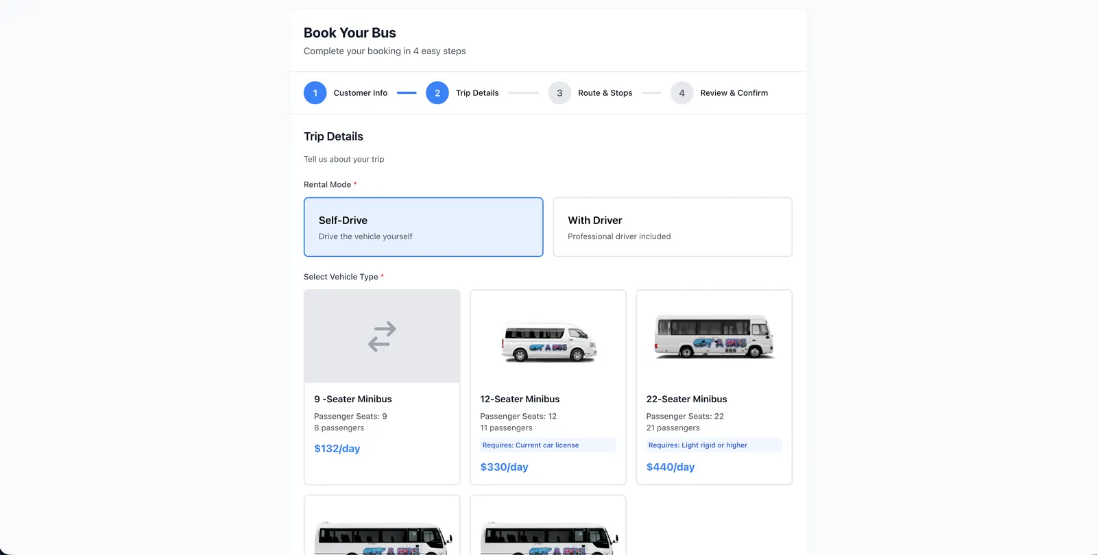 Get A Bus vehicle selection with rental modes and licence requirements