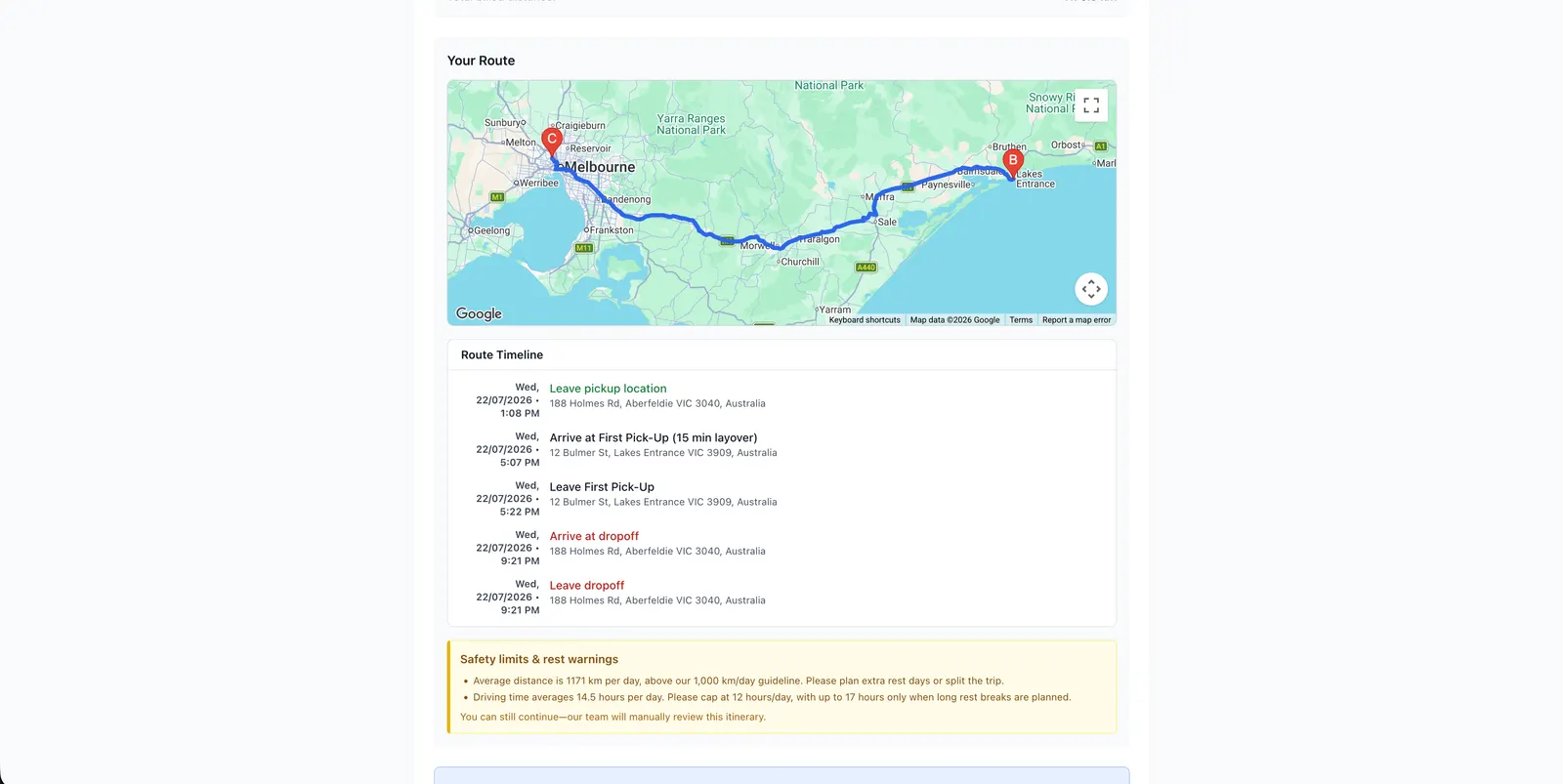 Route planning with live map and driver-hour safety limits