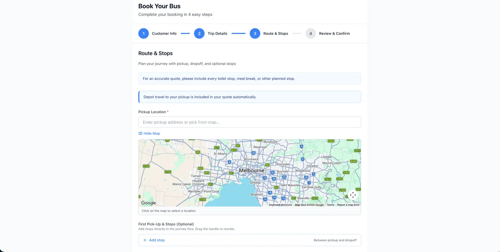 Four-step booking widget with route and stops on Google Maps