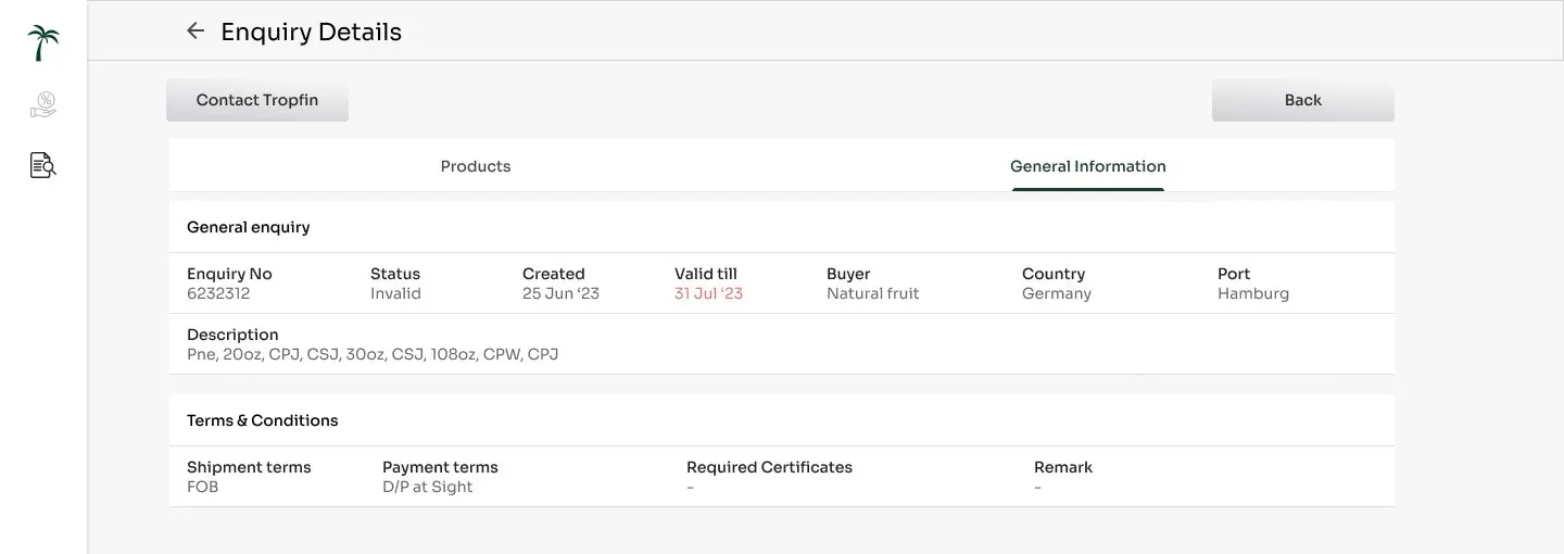 Tropfin enquiry details with status, destination and trade terms