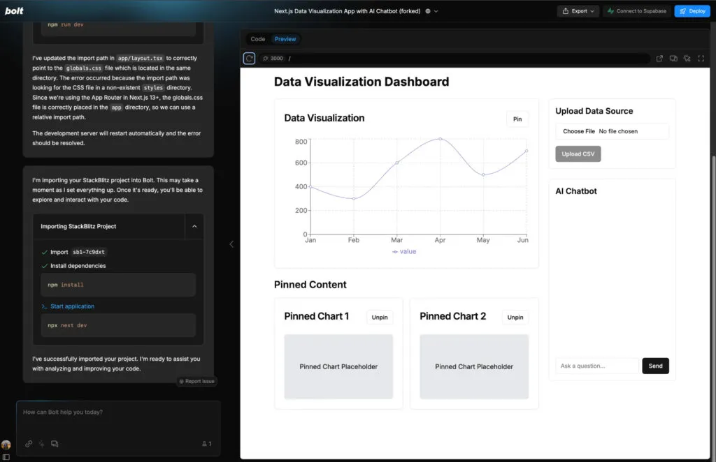 Data visualization dashboard with charts and upload options.
