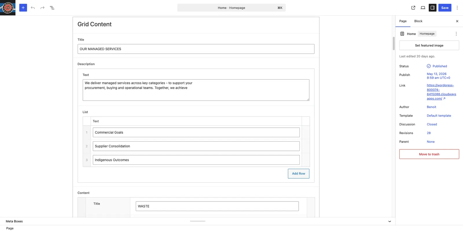 Wirrigan WordPress editor with structured ACF grid content fields
