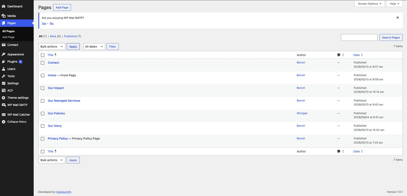 Wirrigan WordPress pages list in the admin back office