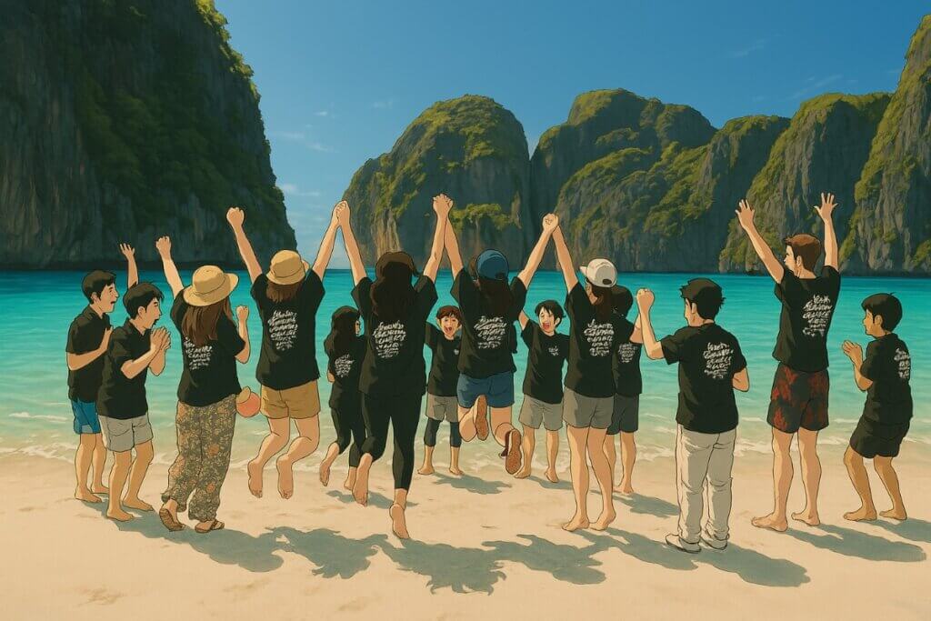 Group celebrating on tropical beach with mountains