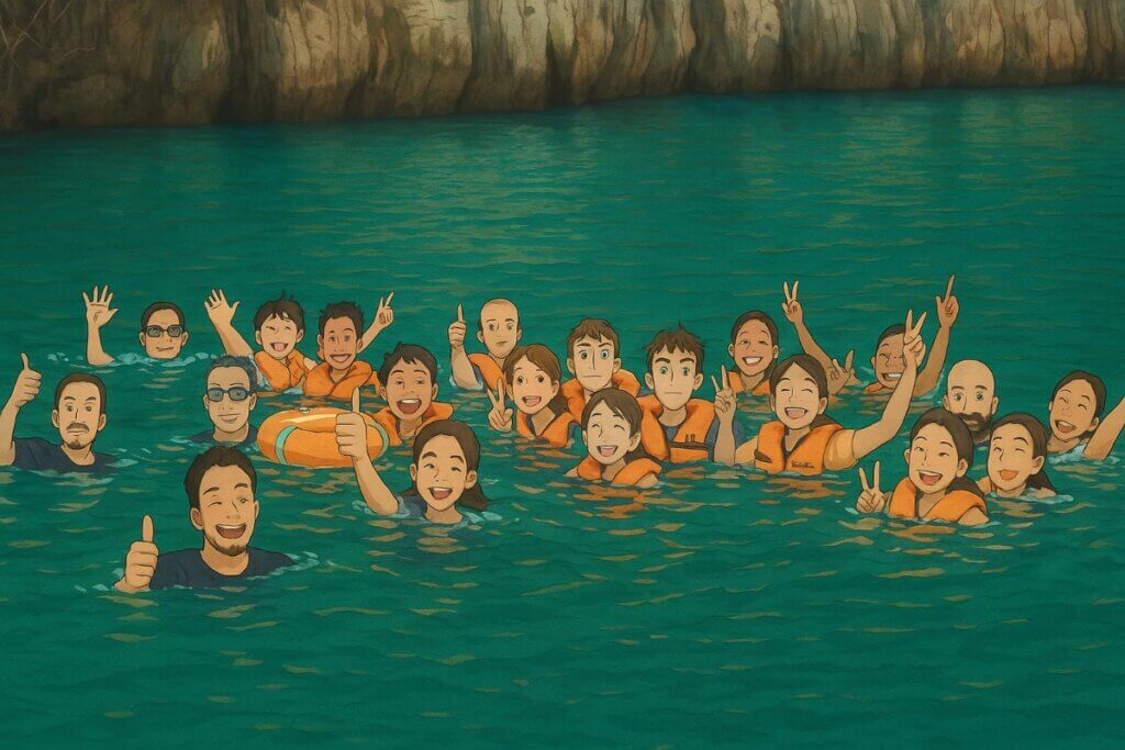 Group swimming in water with life vests.