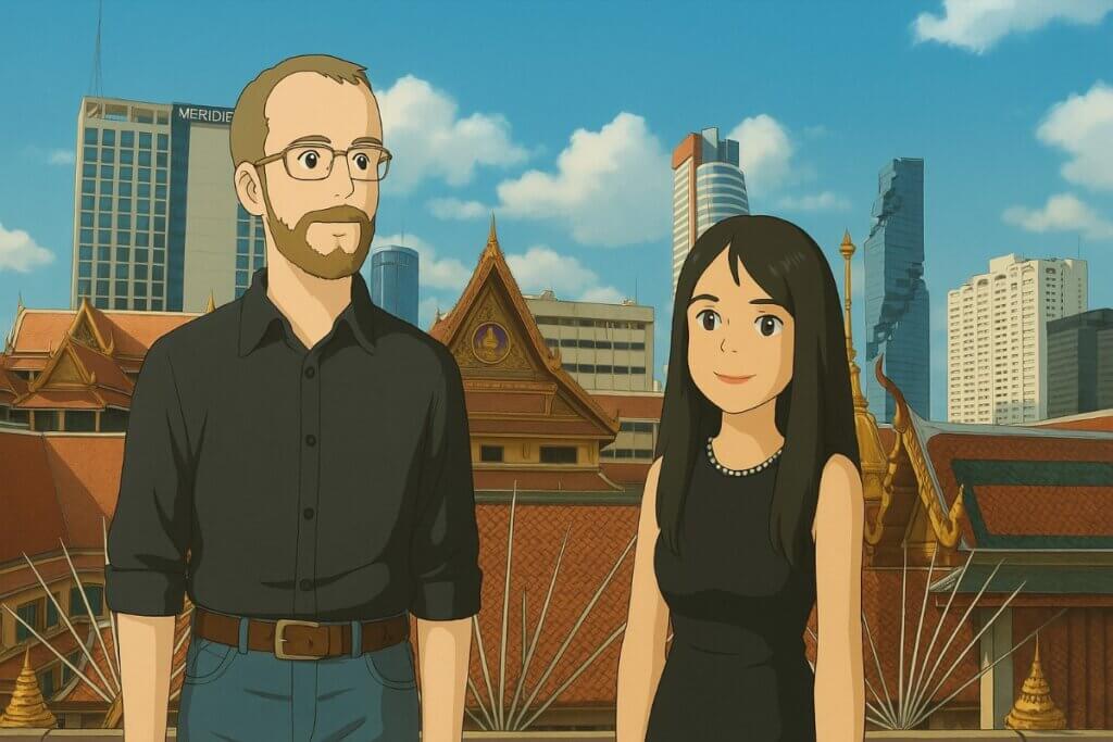 Anime characters in city with traditional architecture backdrop.