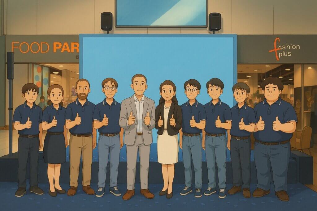 Group of employees giving thumbs up indoors.