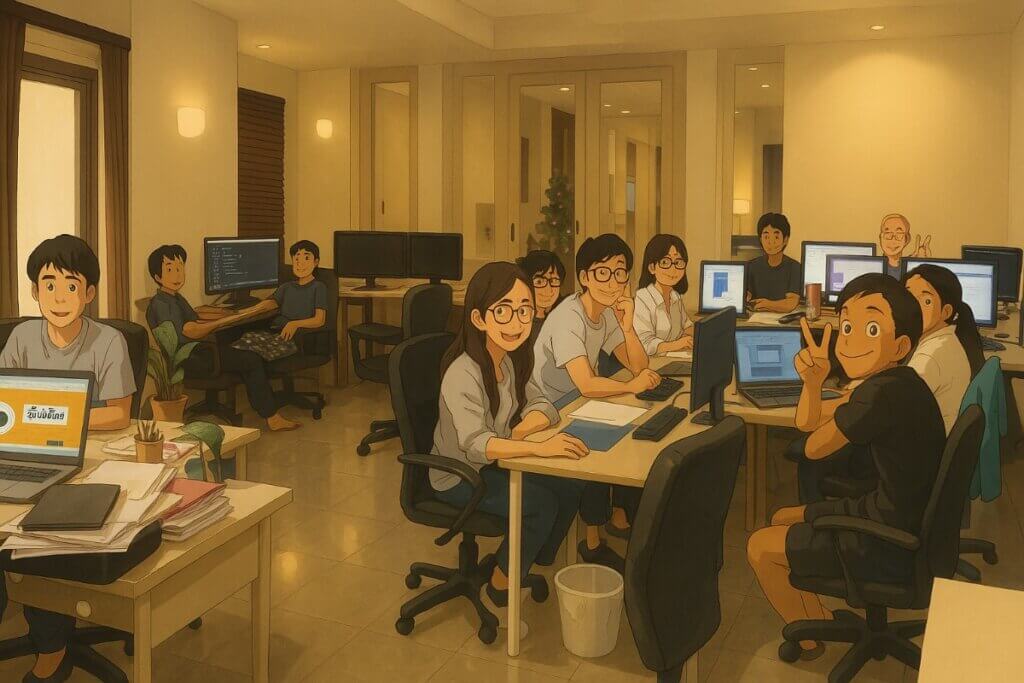 Animated office team working at computers.