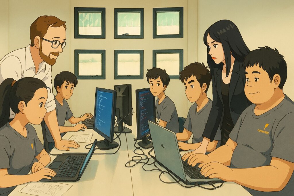 Students learning programming with instructors in classroom.