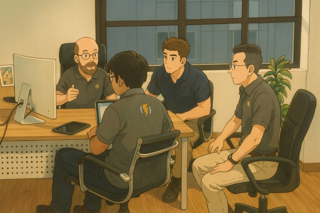 Team meeting around a desk with computers.