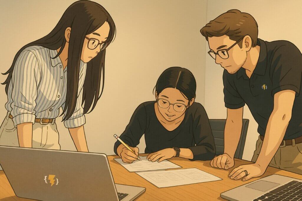 Team collaborating over laptops and documents at table.