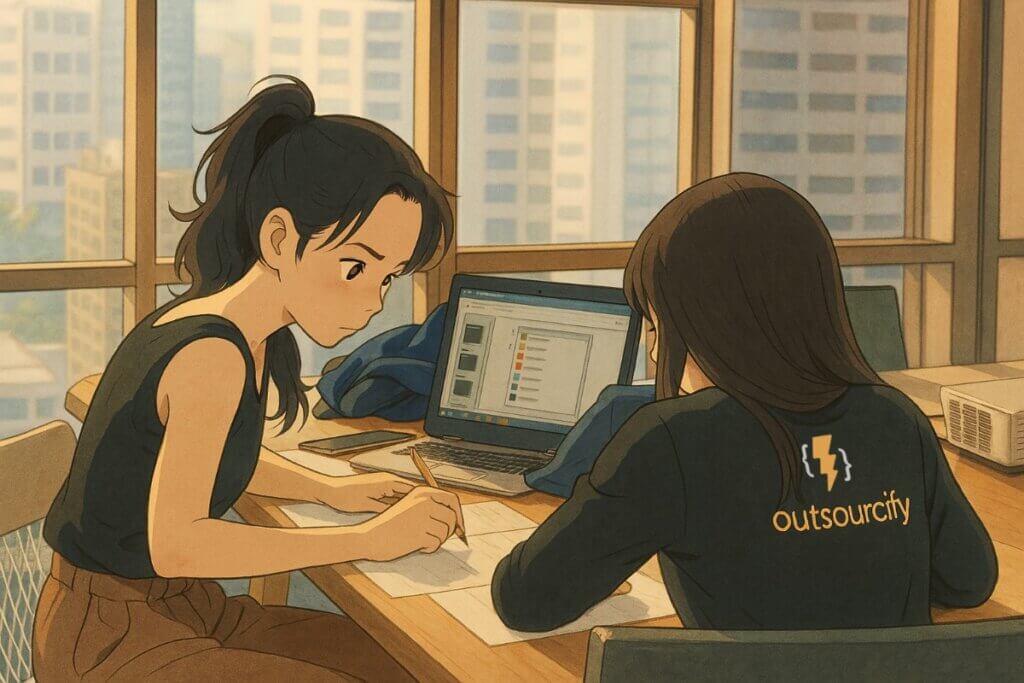 Two women collaborating on a project in office.