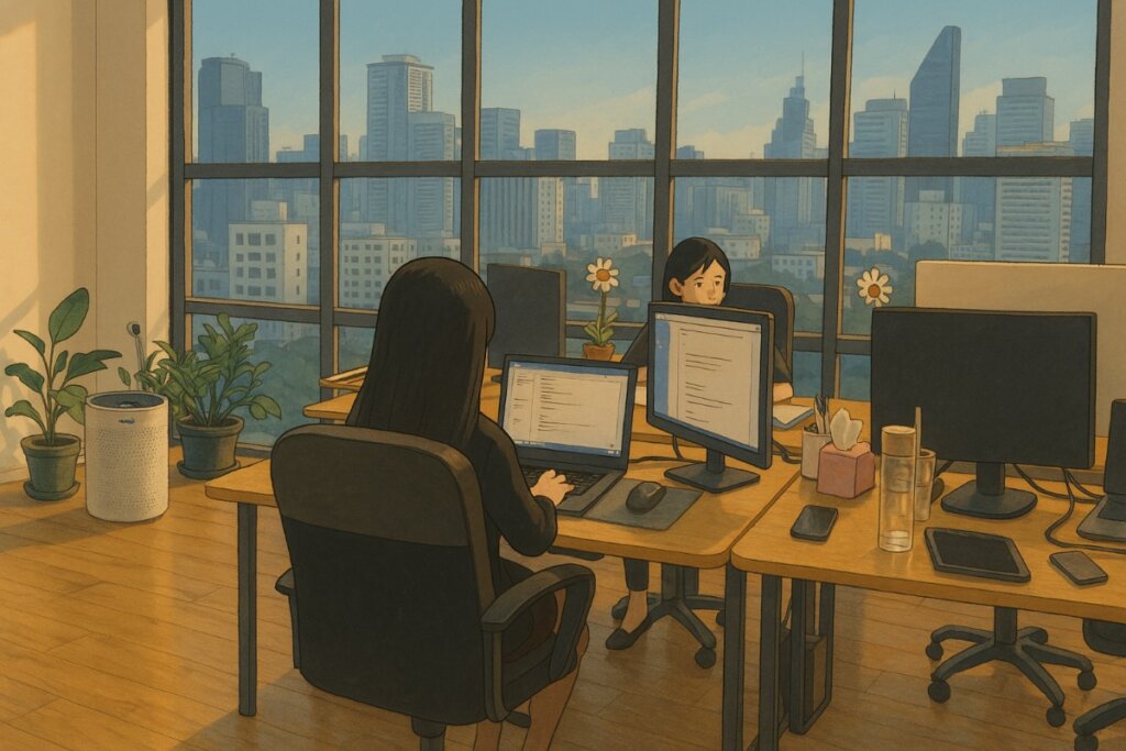 Office workspace with city view and plants.