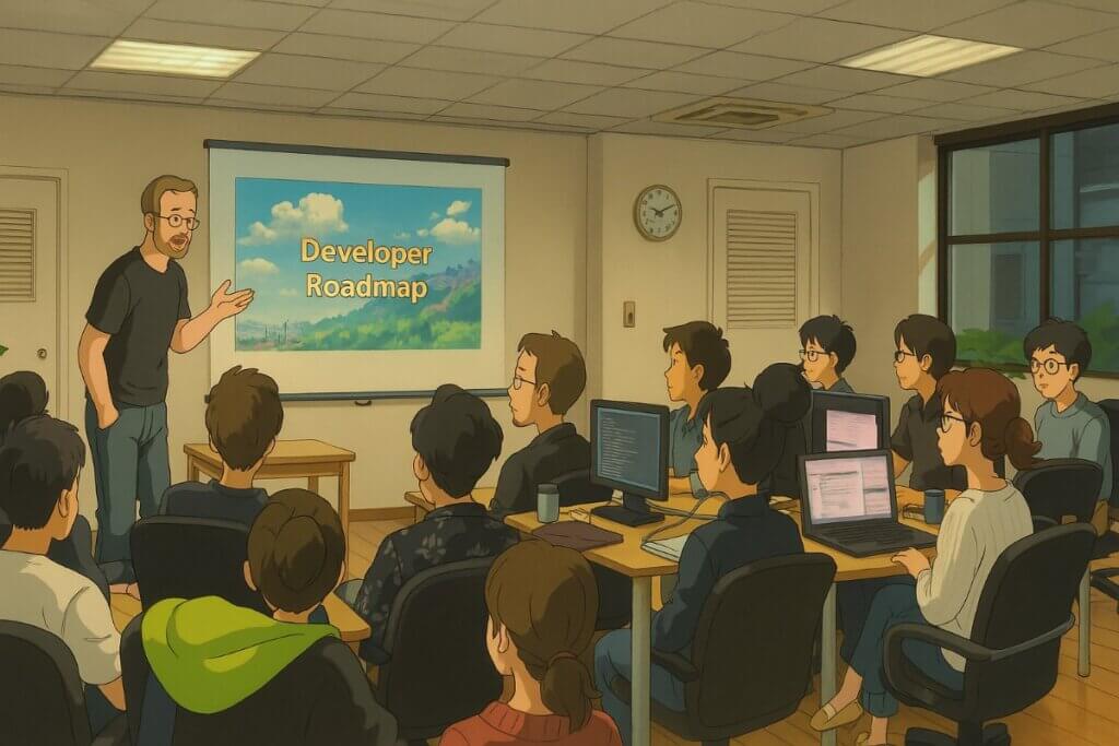 Team presentation on developer roadmap in office setting.