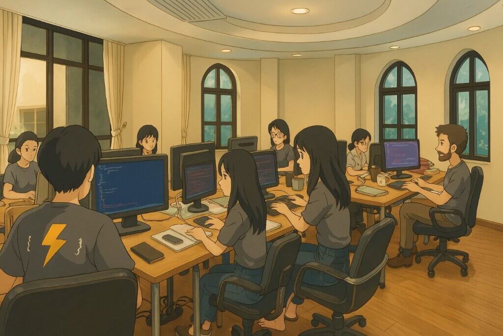 Team of programmers working in office together.