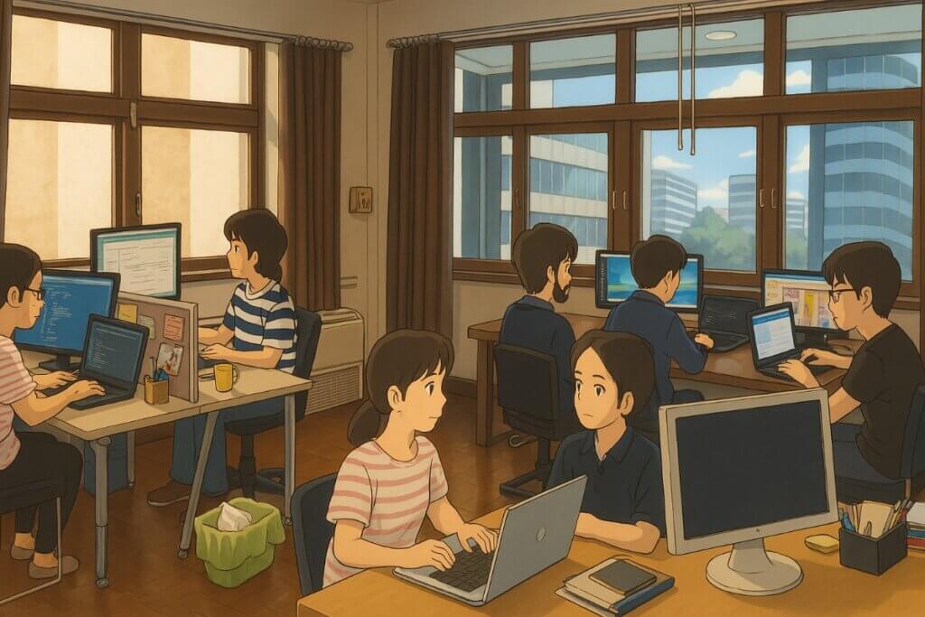 People working on computers in office.