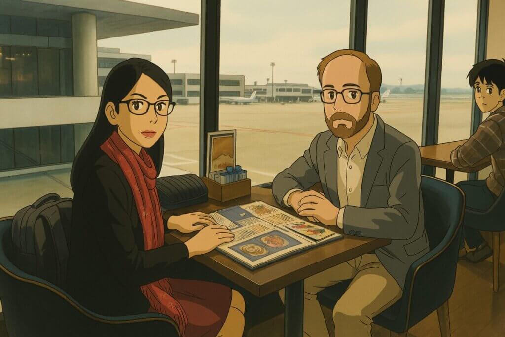 Animated couple dining at airport restaurant