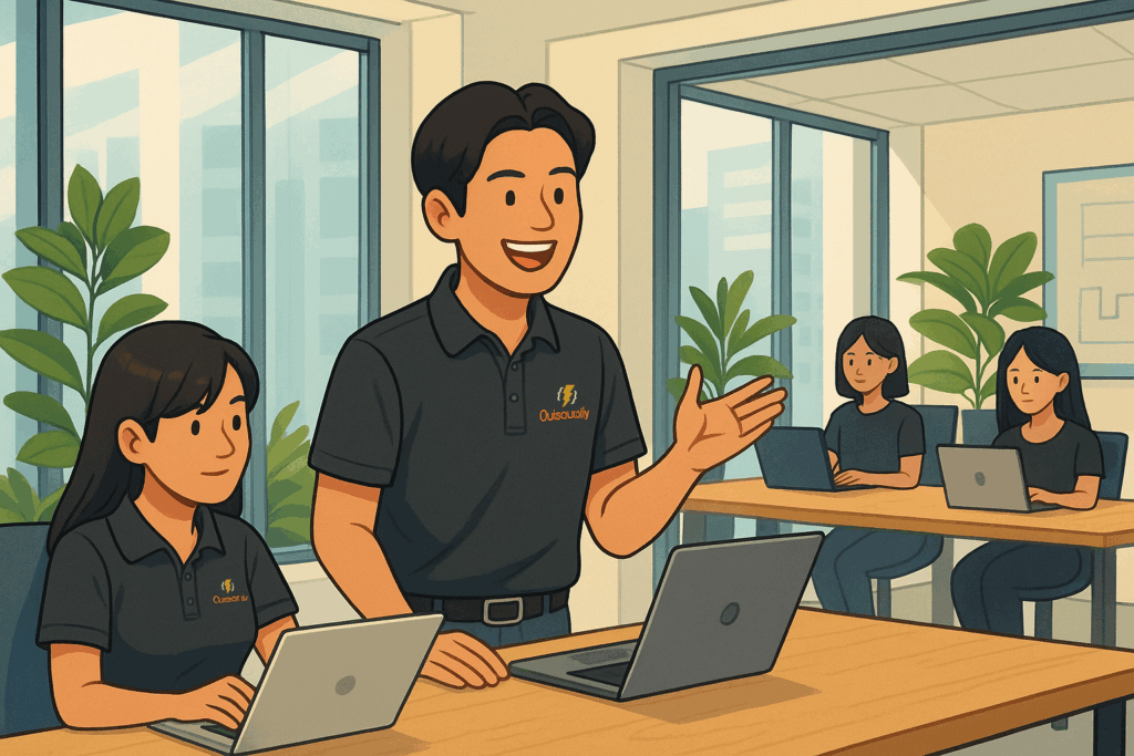 ประชุมทีมพร้อมแล็ปท็อปในออฟฟิศที่สว่างสดใส