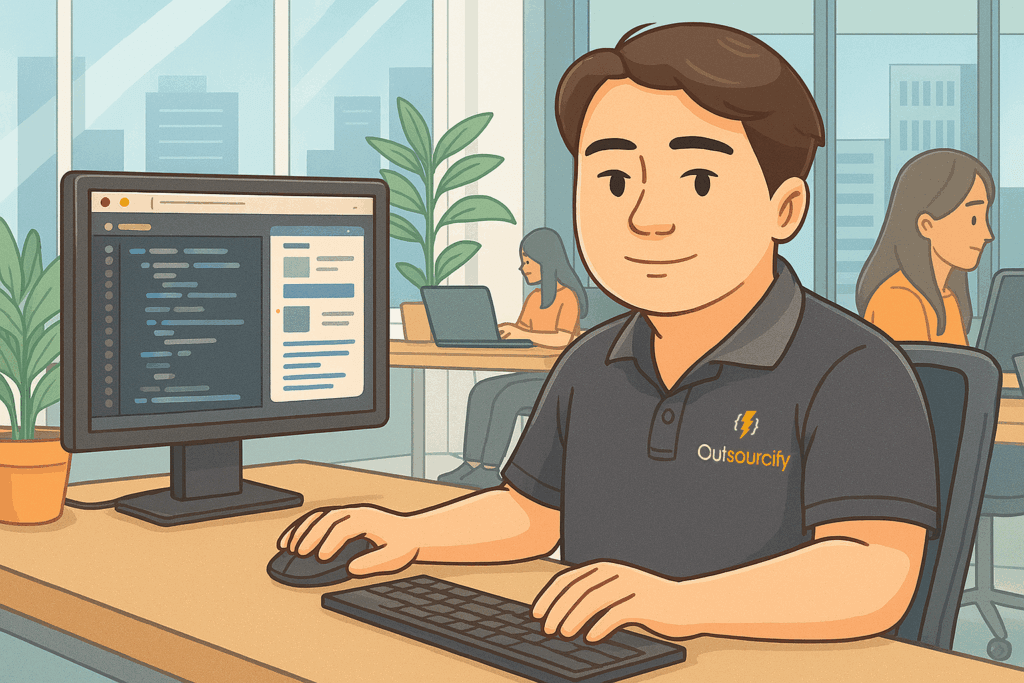 นักพัฒนาการ์ตูนกำลังทำงานหน้าคอมพิวเตอร์ในสำนักงาน