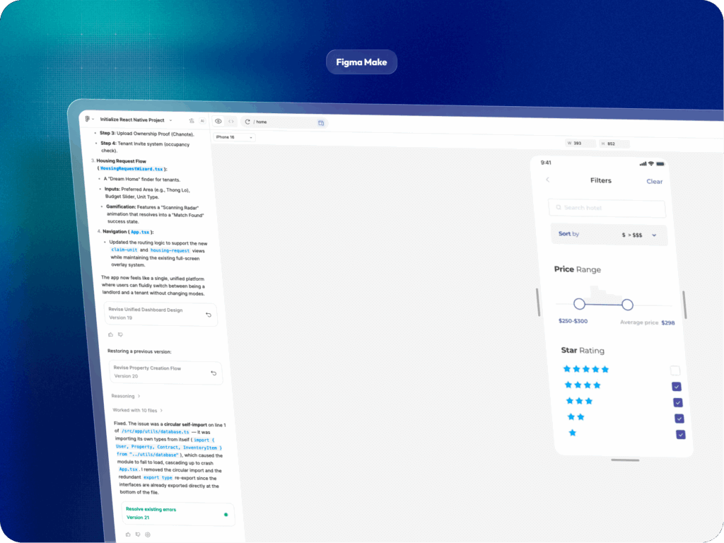 UI design tool interface with project specifications.