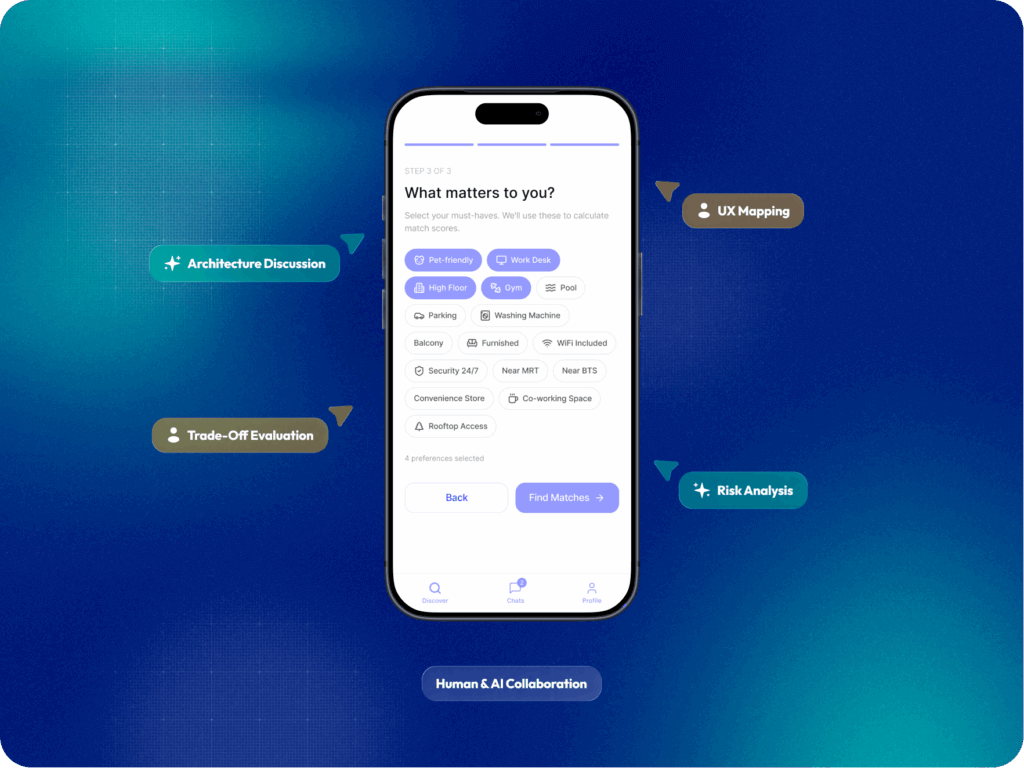 Mobile app interface for preferences and evaluation categories.