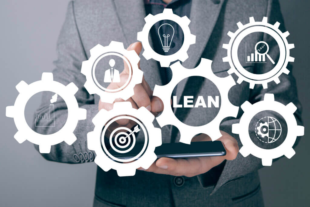 Lean management concept with gears and icons