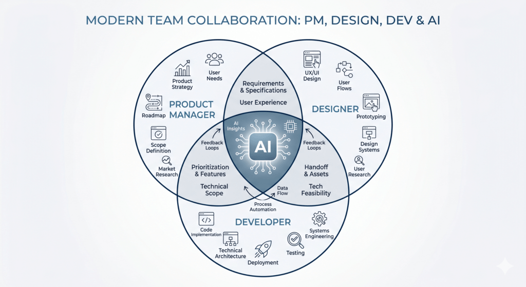 AI-driven collaboration: product manager, designer, developer roles.